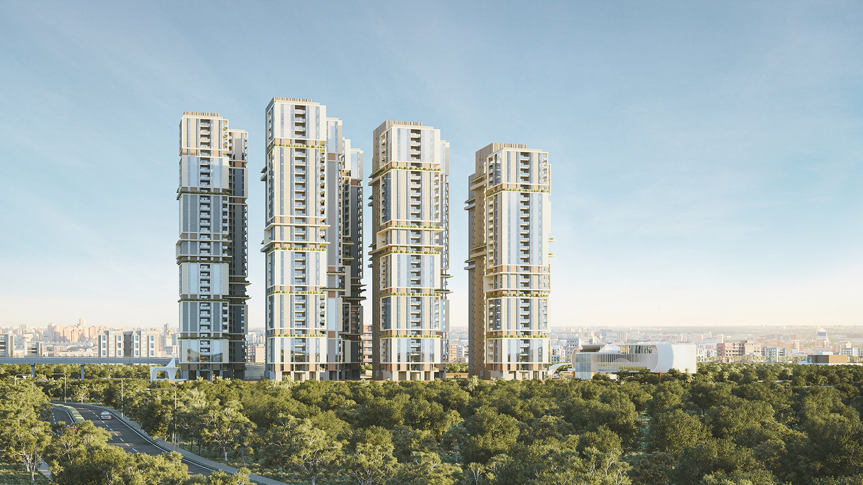 A photorealistic render of The Pearl by Aurobindo Realty – five ultra-luxury residential towers rising above lush greenery in Hyderabad.