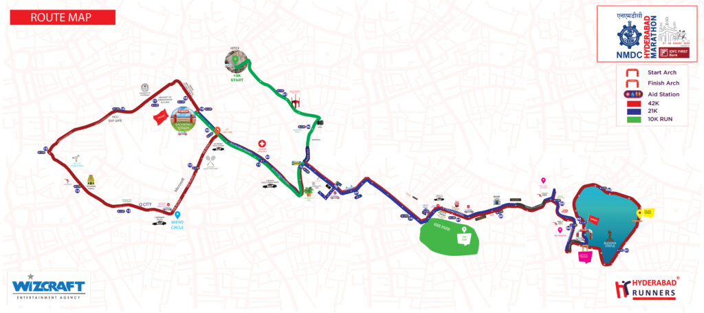 Hyderabad Marathon 42KM, 21KM, and 10KM route map from Tank Bund to Gachibowli Stadium.